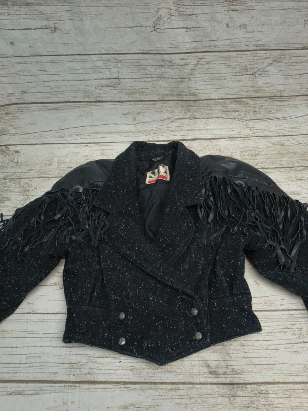 Vintage Black Speckled Western Fringe Double Breasted Jacket Made in Canada